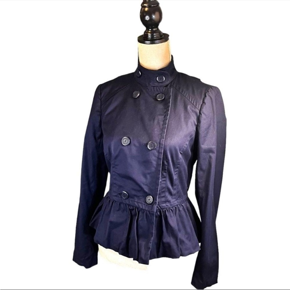 Trina Turk Double Breasted Spring Jacket with Ruffle Hem in Navy
